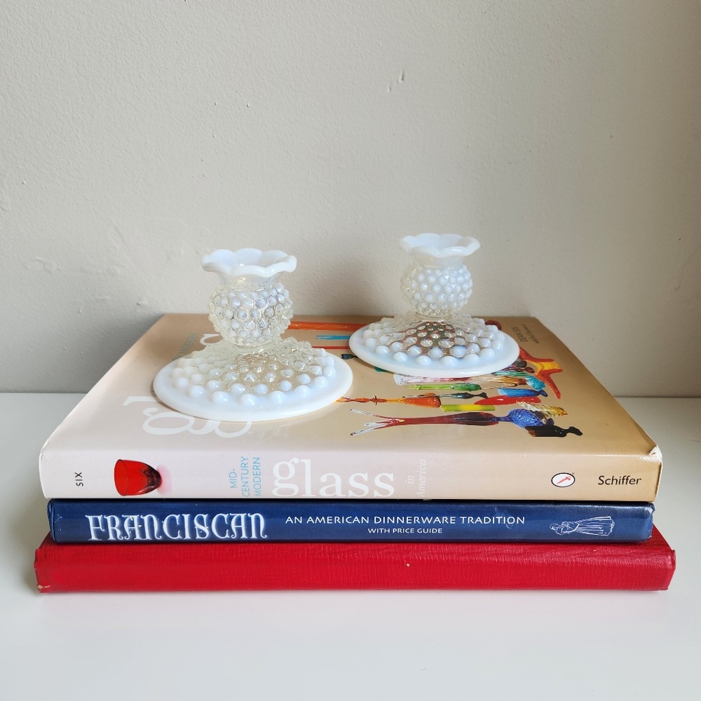 Vintage Fenton Moonstone Hobnail Crimped Edge Candle Stick Holders- a Pair